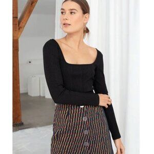 & Other Stories Rib Knit Long Sleeve Top with Square Neckline - XS